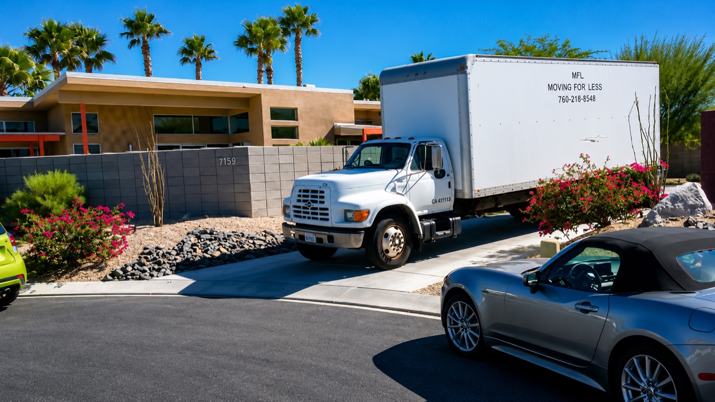 MFL Moving For Less truck on a local Coachella Valley home move